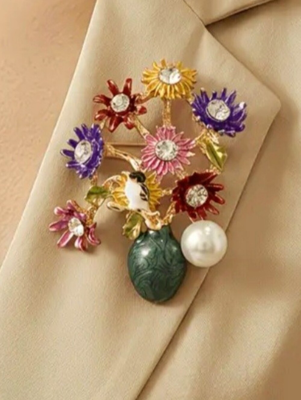 Multicolor Floral Bouquet Brooch with Pearl Accent - Women Jewelry